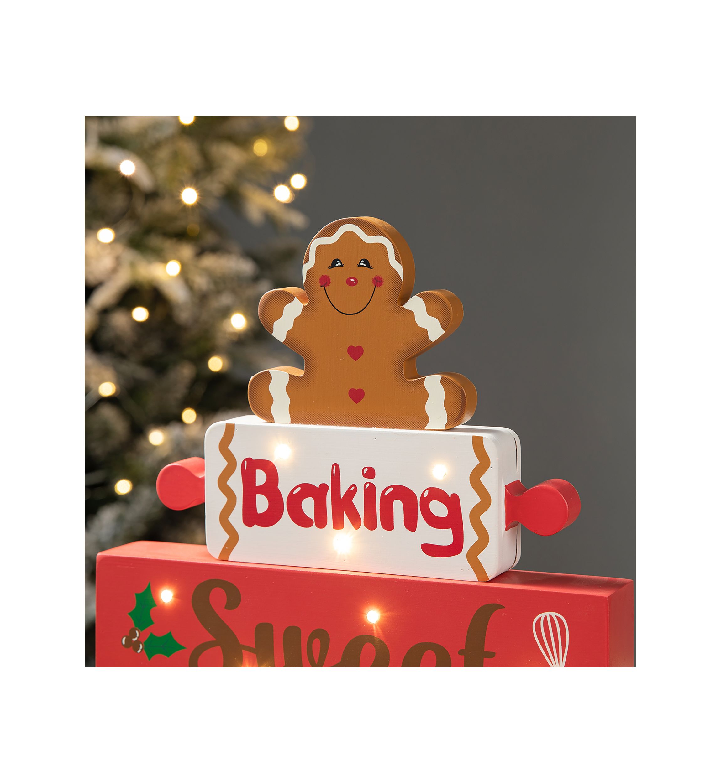 Lighted Wooden Christmas Gingerbread Man Block Table Decor