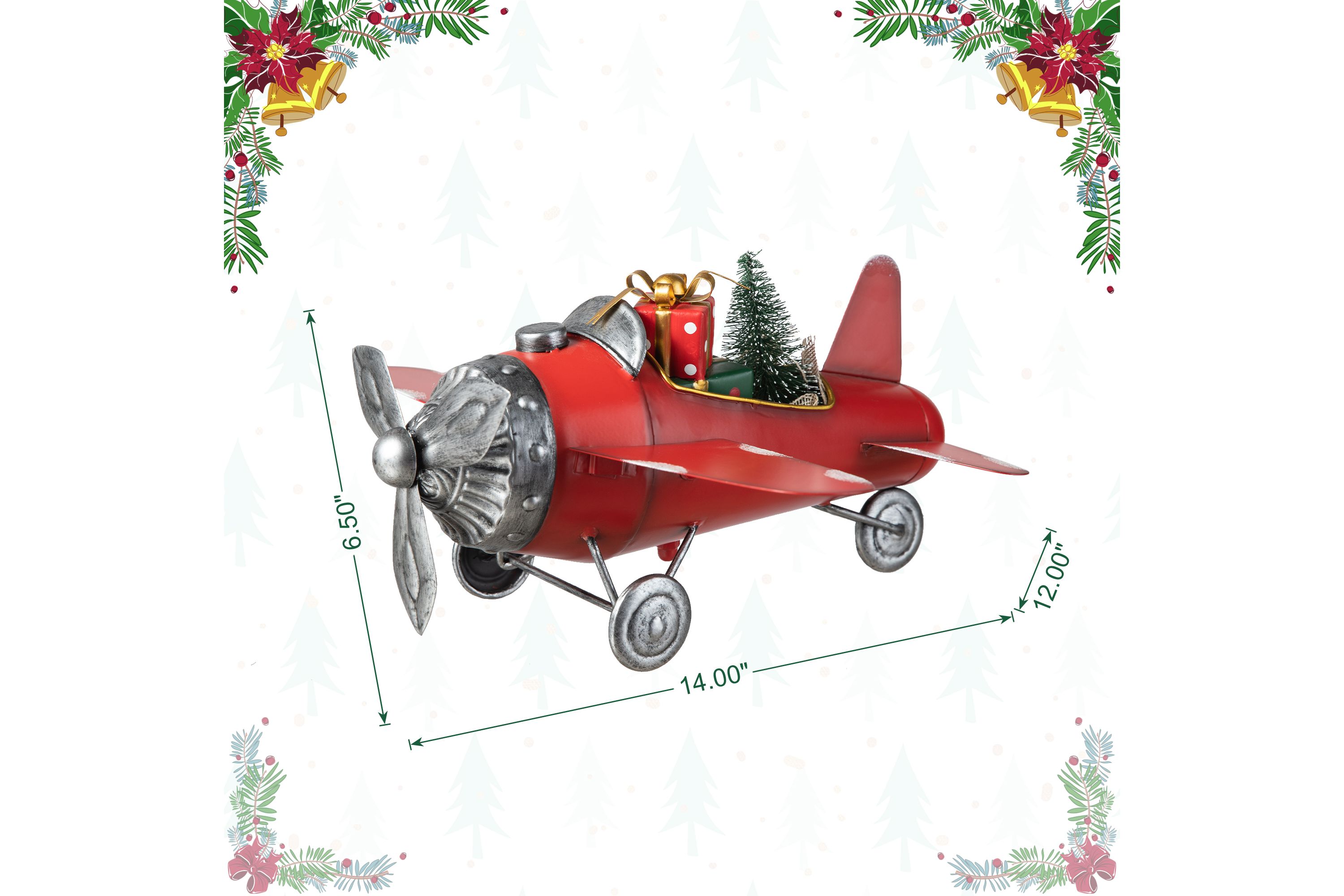 14"L Christmas Metal Airplane with Gifts Table Decor(KD)