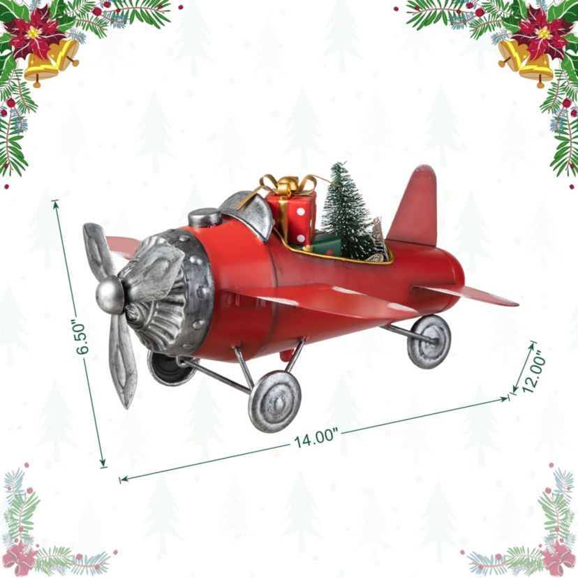 14"L Christmas Metal Airplane with Gifts Table Decor(KD)