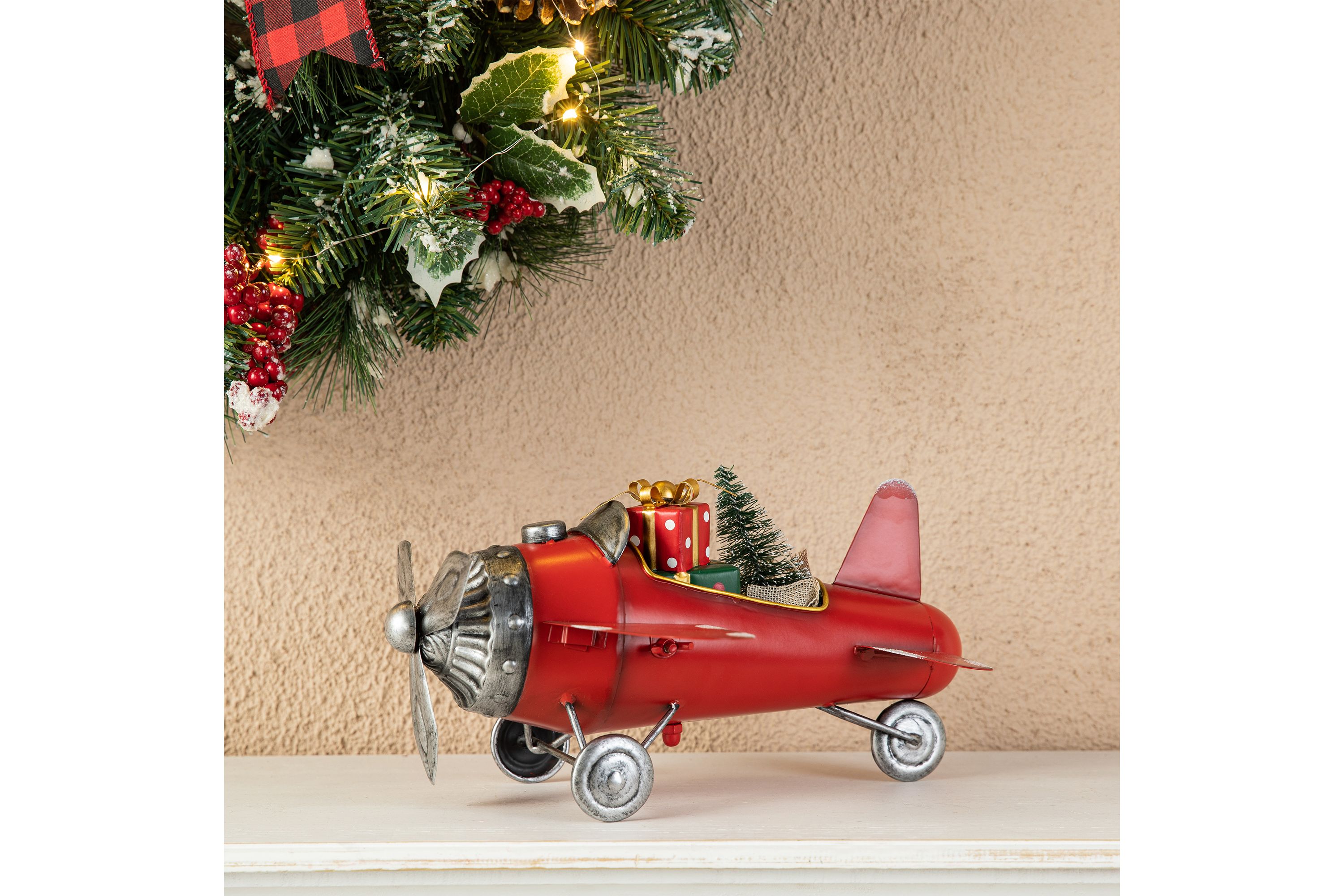 14"L Christmas Metal Airplane with Gifts Table Decor(KD)