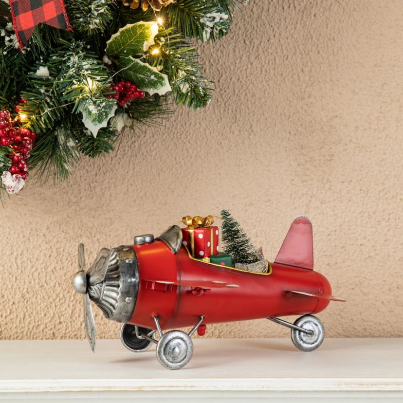 14"L Christmas Metal Airplane with Gifts Table Decor(KD)