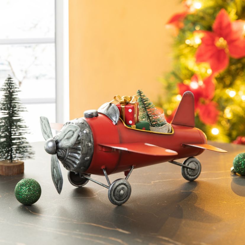 14"L Christmas Metal Airplane with Gifts Table Decor(KD)