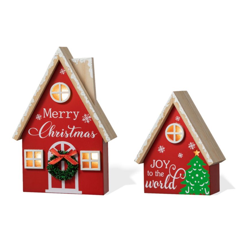 Set of 2 Christmas Lighted Wooden House Table decor