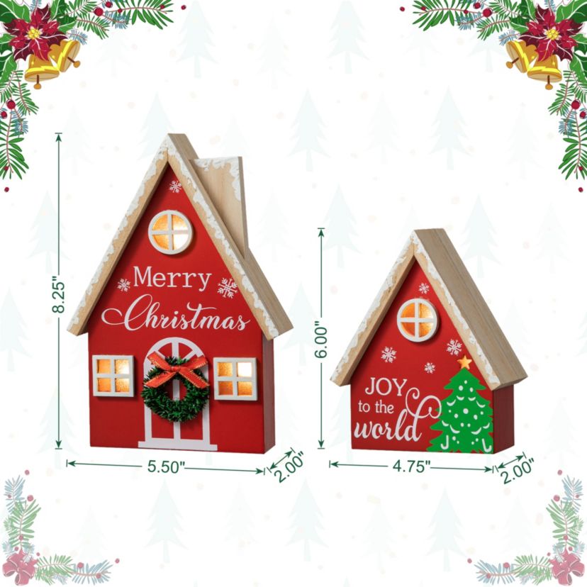 Set of 2 Christmas Lighted Wooden House Table decor
