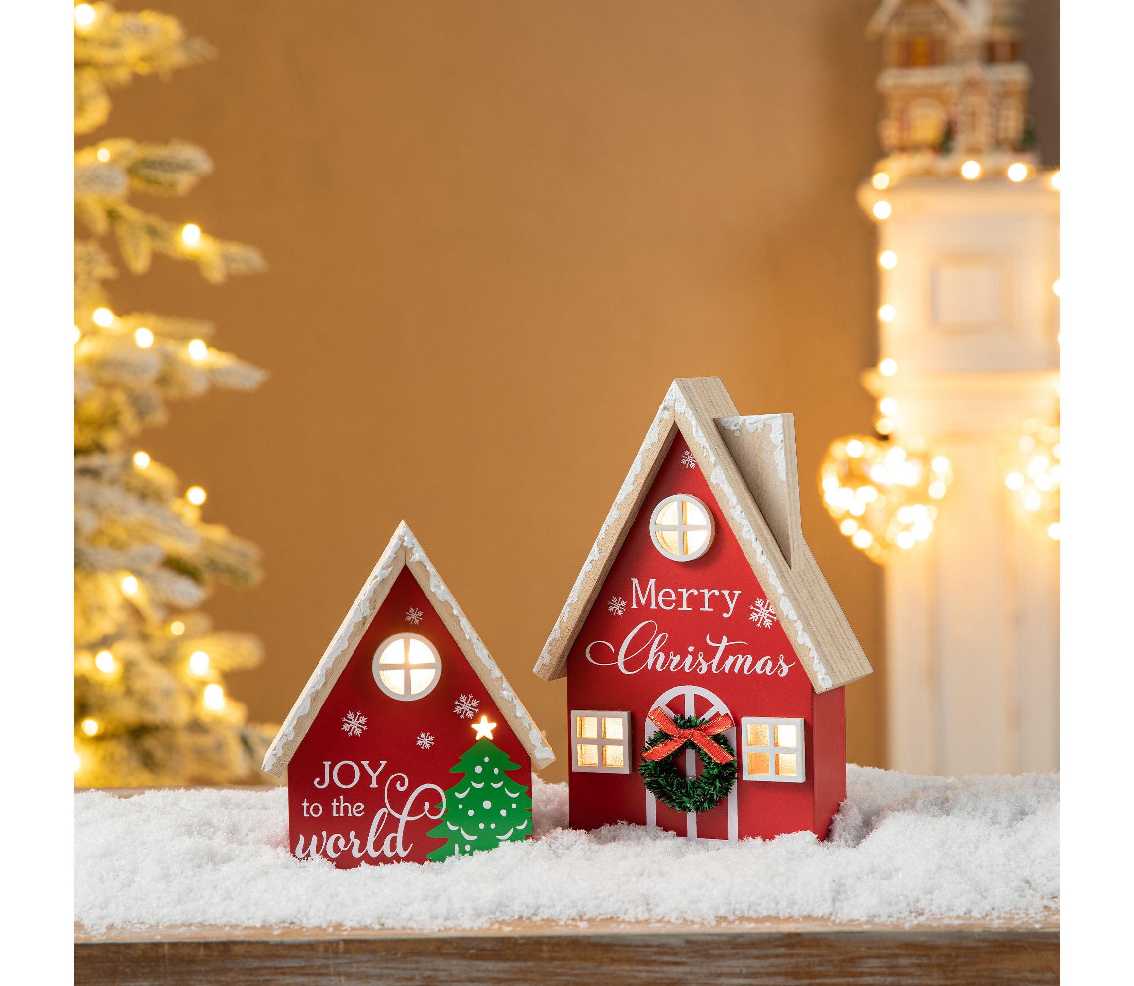 Set of 2 Christmas Lighted Wooden House Table decor