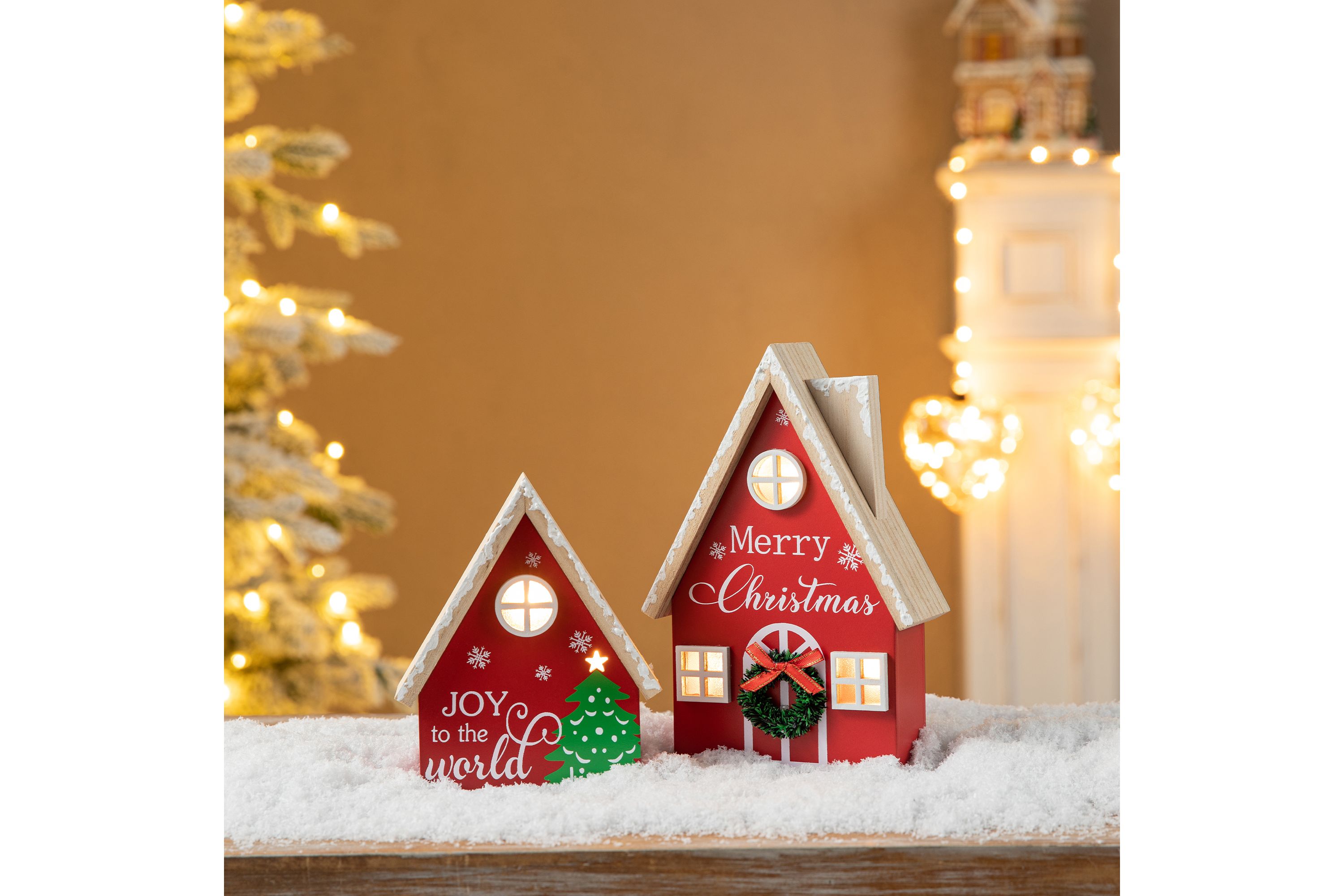 Set of 2 Christmas Lighted Wooden House Table decor