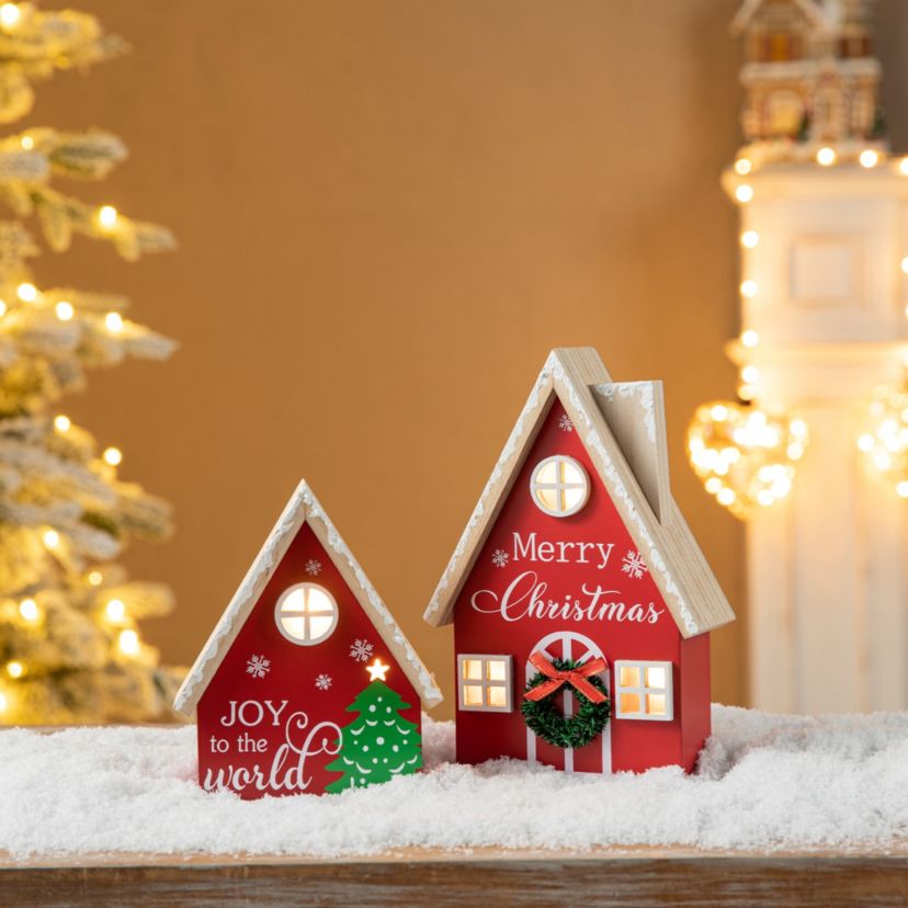Set of 2 Christmas Lighted Wooden House Table decor