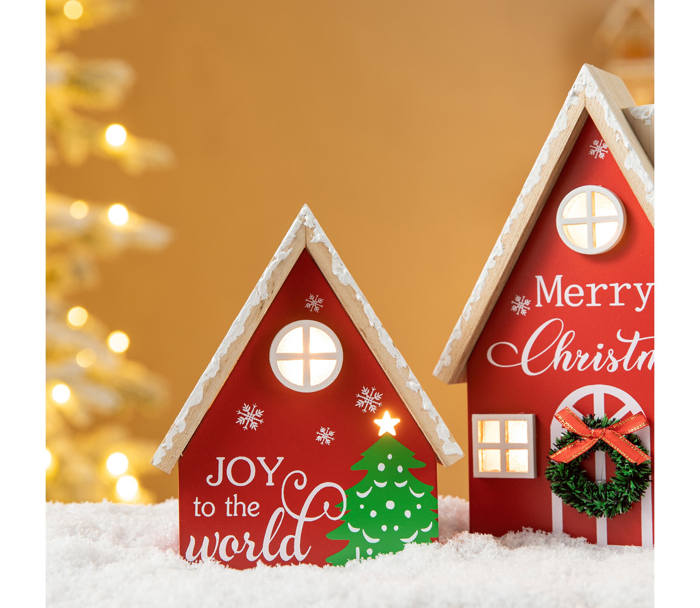 Set of 2 Christmas Lighted Wooden House Table decor