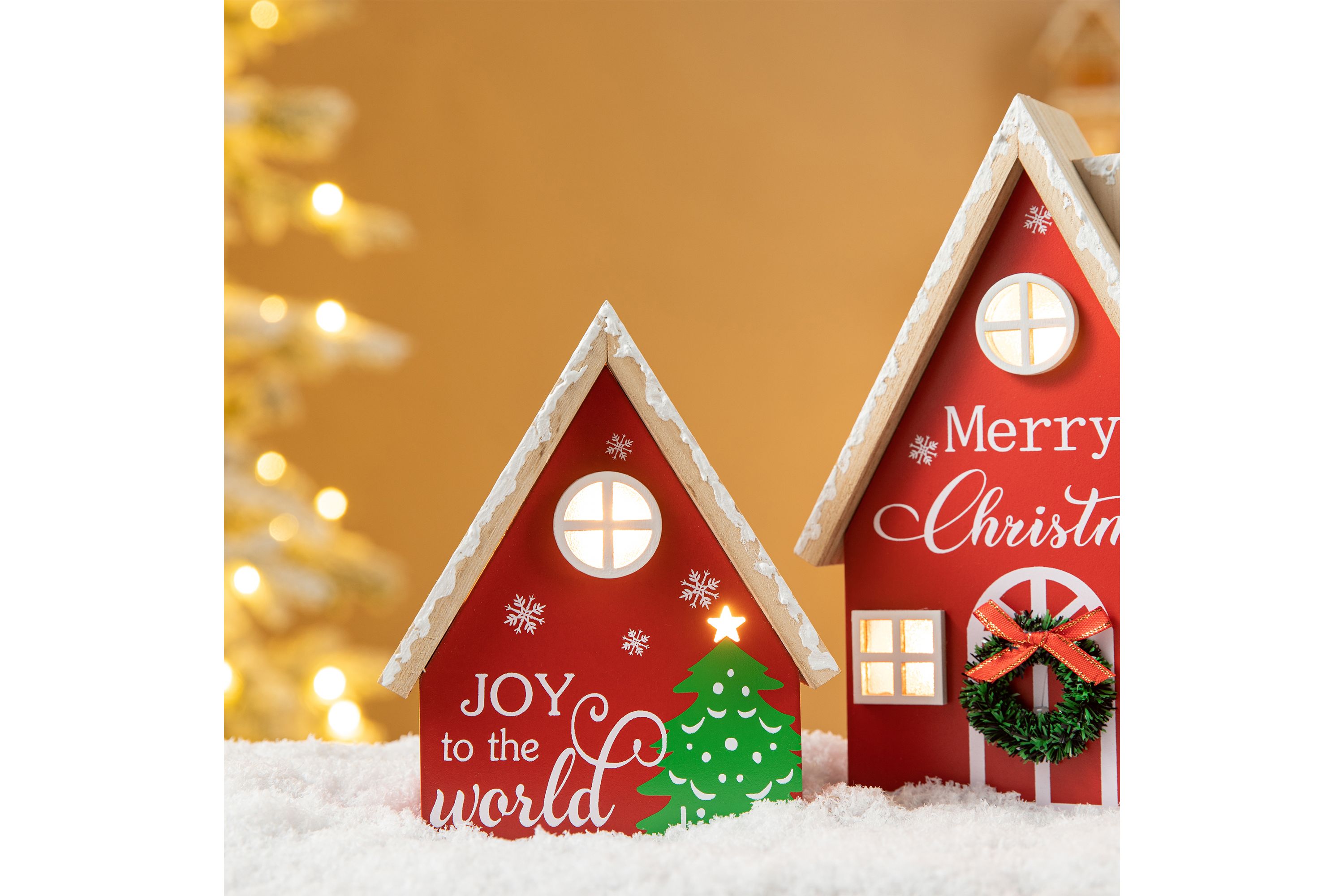 Set of 2 Christmas Lighted Wooden House Table decor