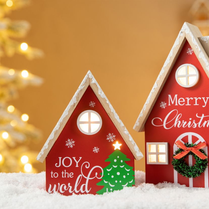 Set of 2 Christmas Lighted Wooden House Table decor