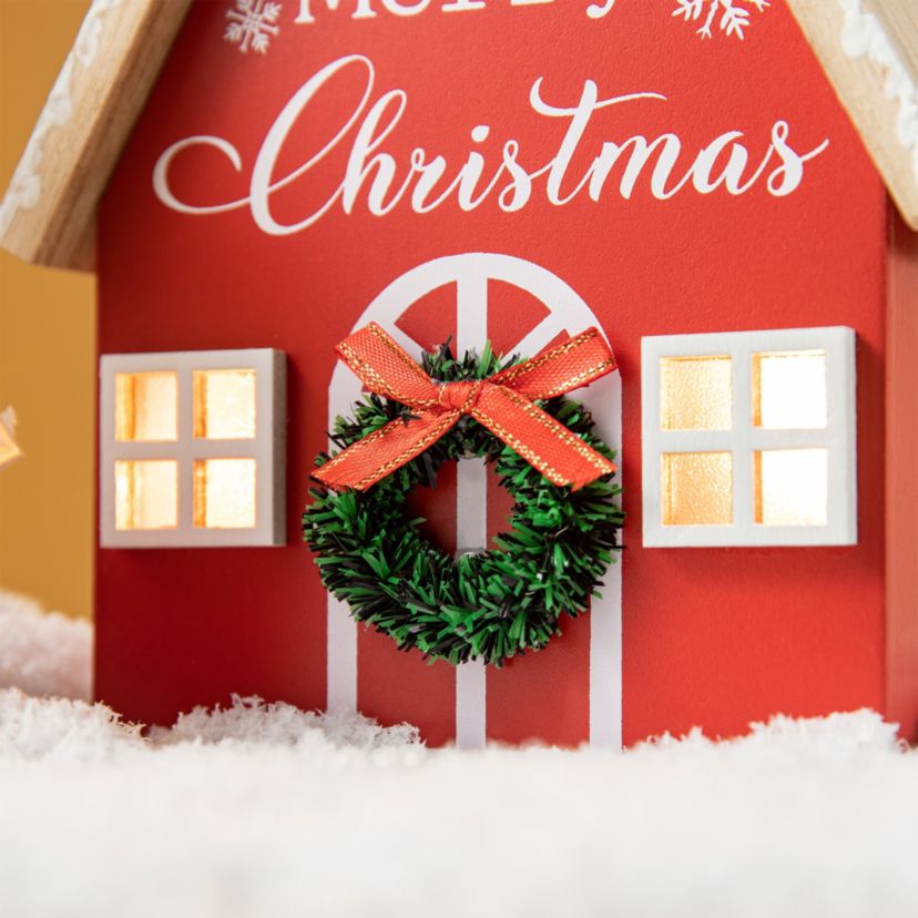 Set of 2 Christmas Lighted Wooden House Table decor