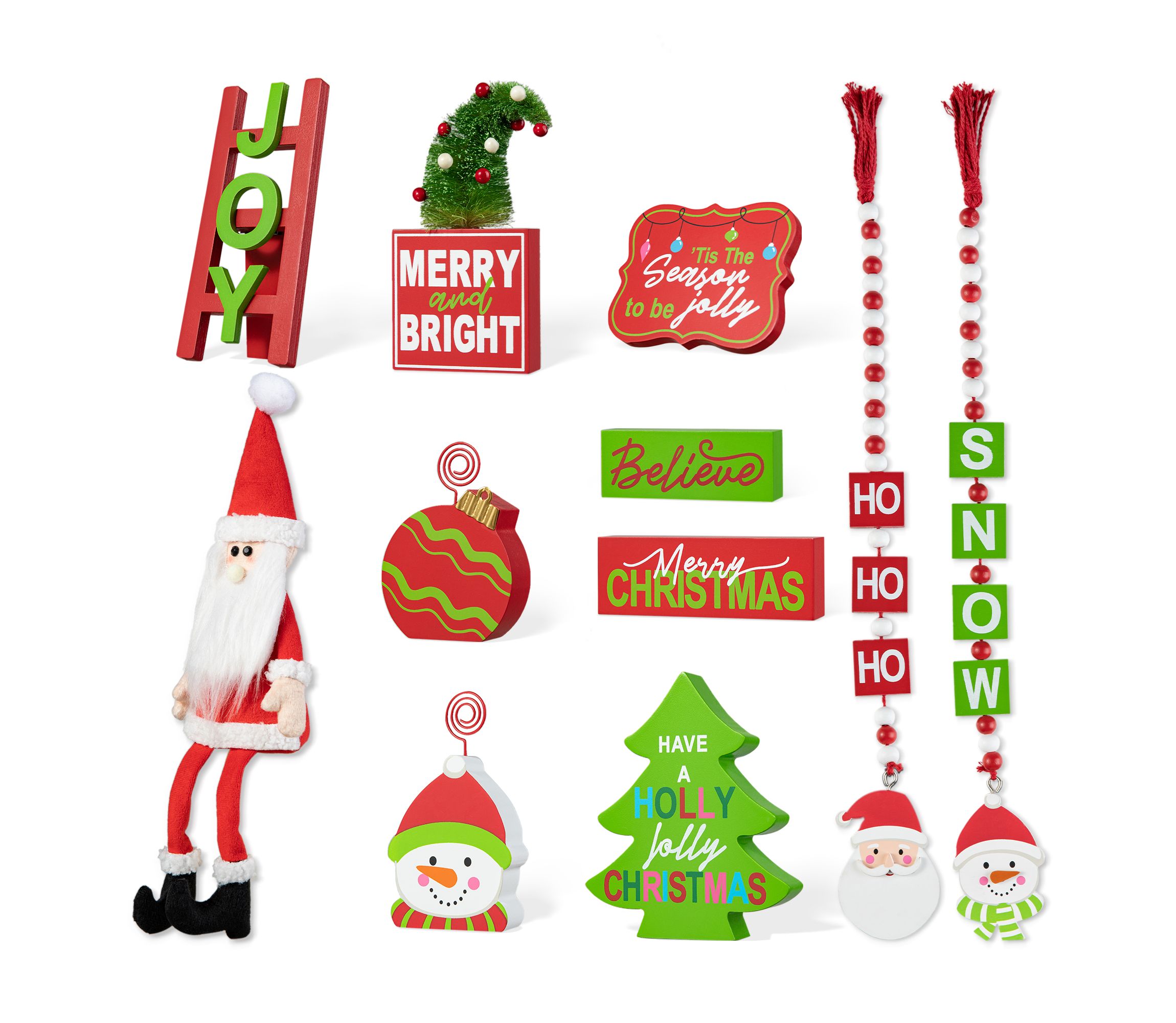 Set of 11 Christmas Wooden Word Signs and Fabric Santa Tiered Tray Set Table Décor