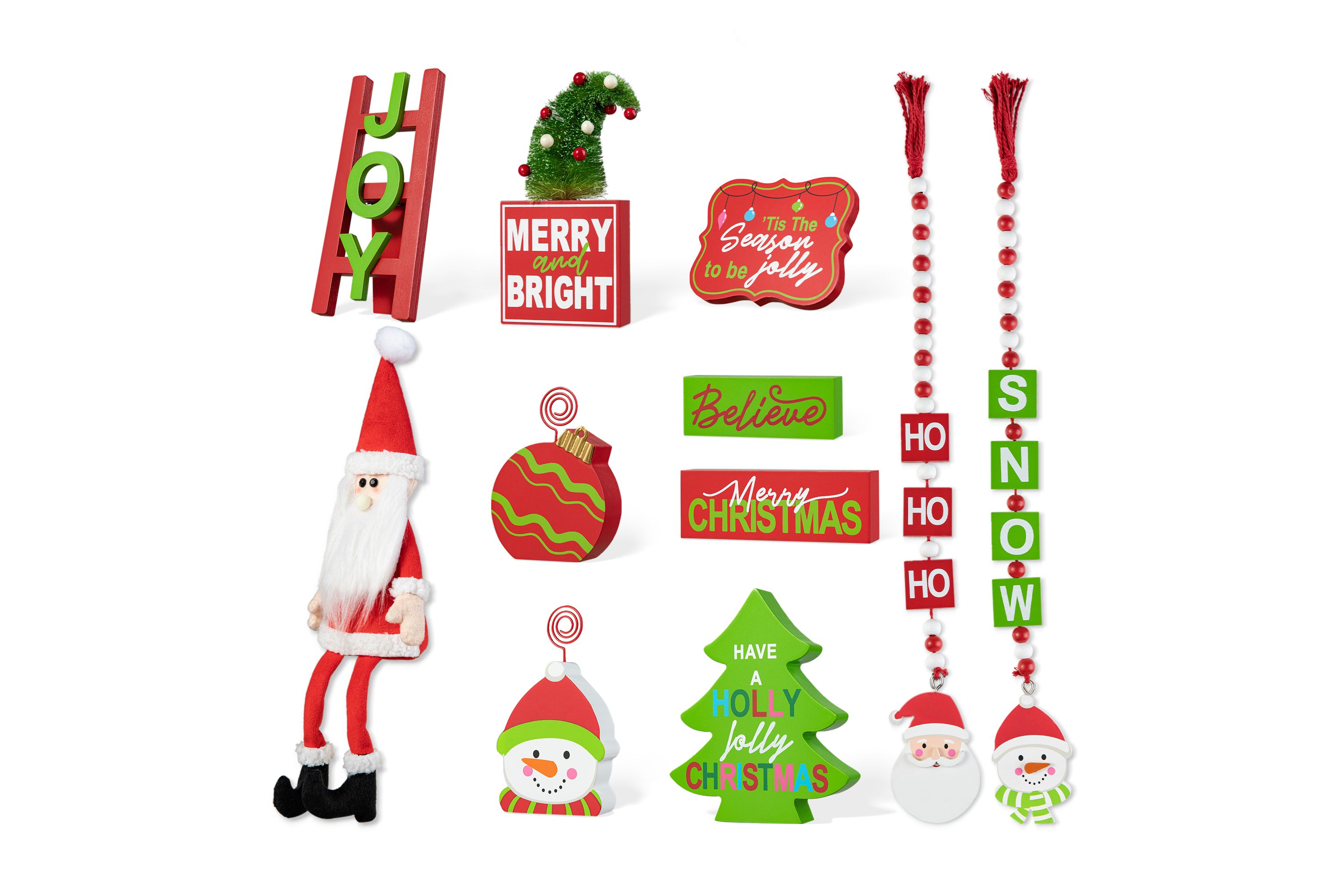 Set of 11 Christmas Wooden Word Signs and Fabric Santa Tiered Tray Set Table Décor