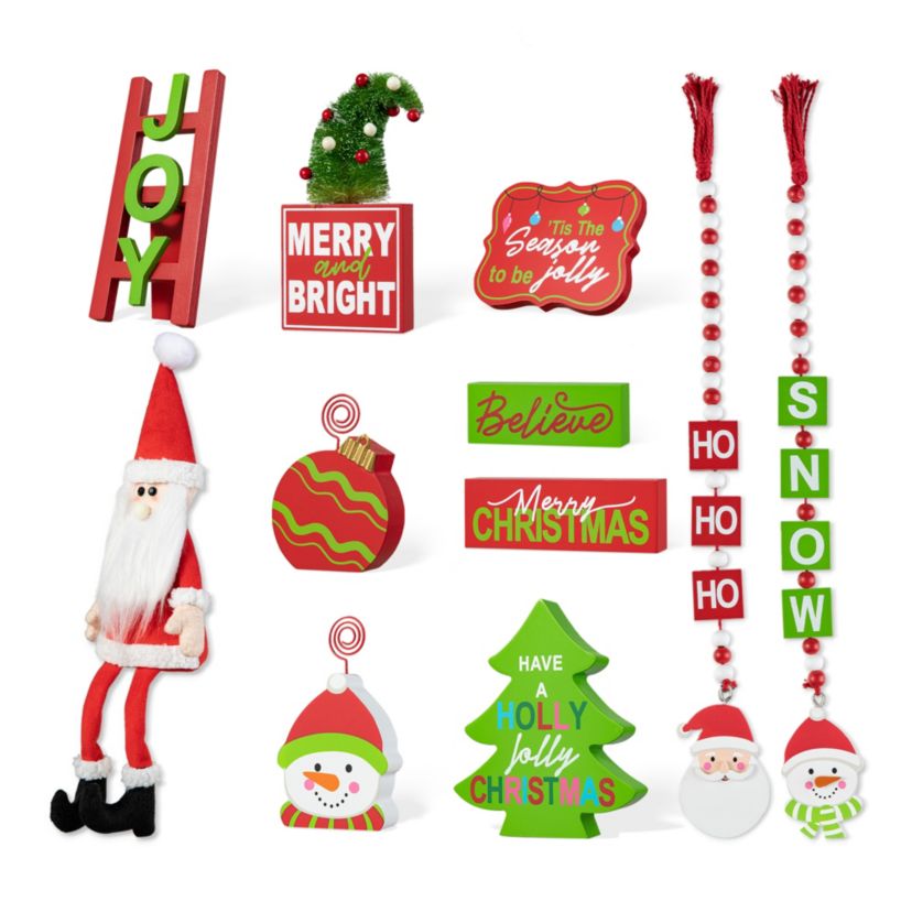 Set of 11 Christmas Wooden Word Signs and Fabric Santa Tiered Tray Set Table Décor
