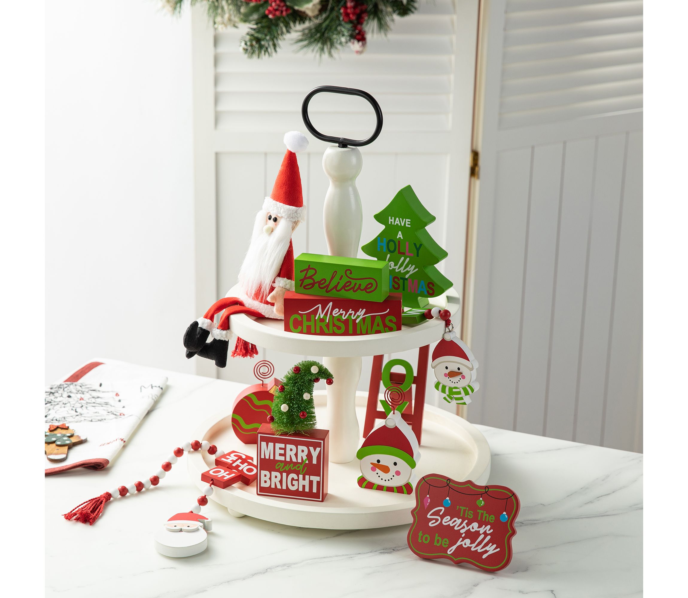 Set of 11 Christmas Wooden Word Signs and Fabric Santa Tiered Tray Set Table Décor