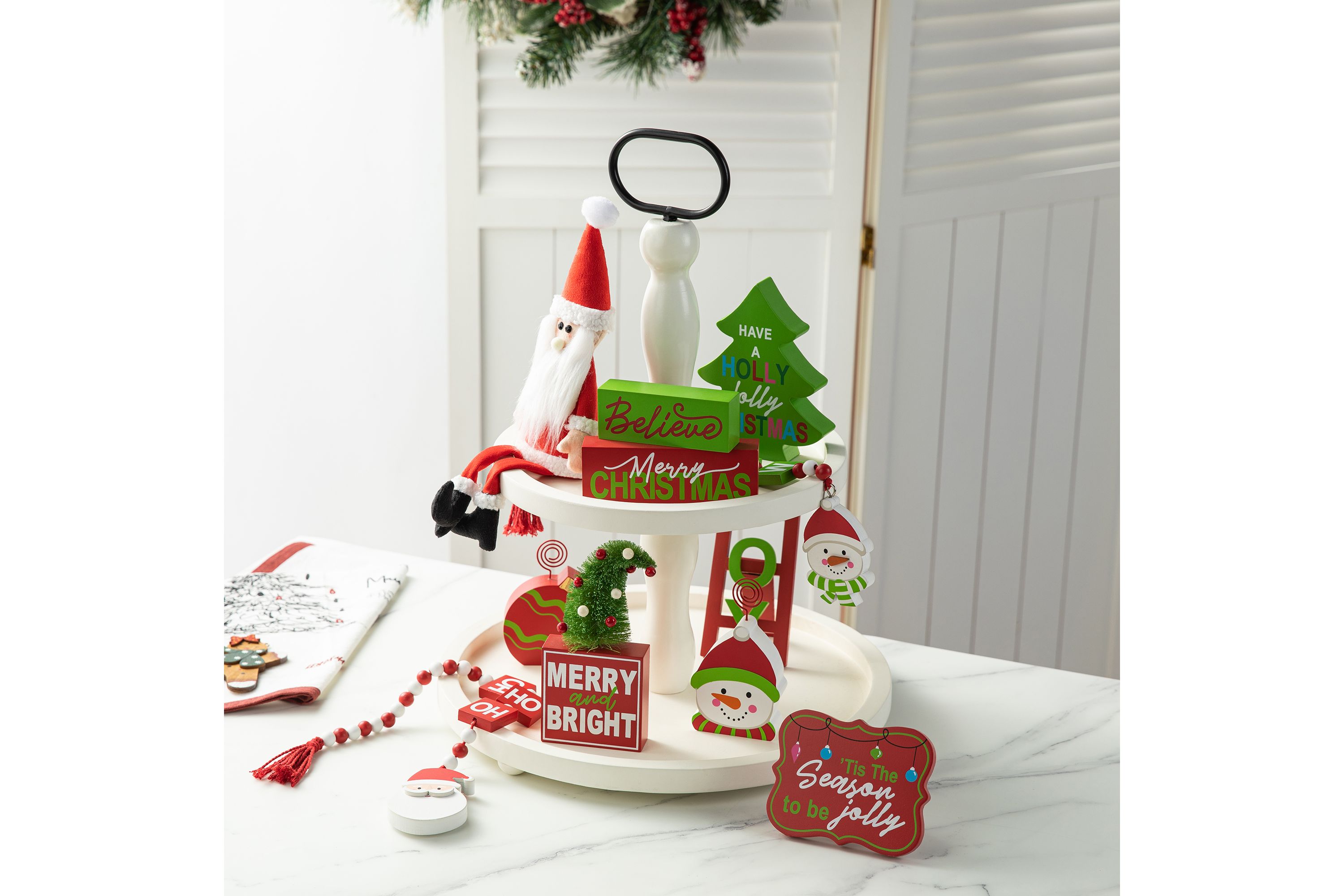 Set of 11 Christmas Wooden Word Signs and Fabric Santa Tiered Tray Set Table Décor