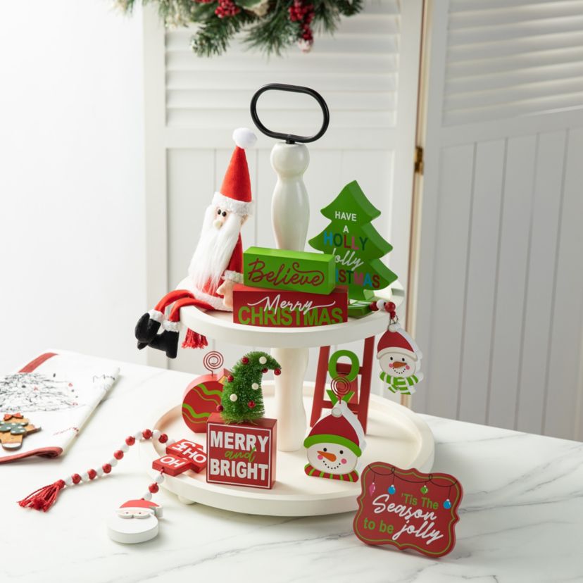 Set of 11 Christmas Wooden Word Signs and Fabric Santa Tiered Tray Set Table Décor