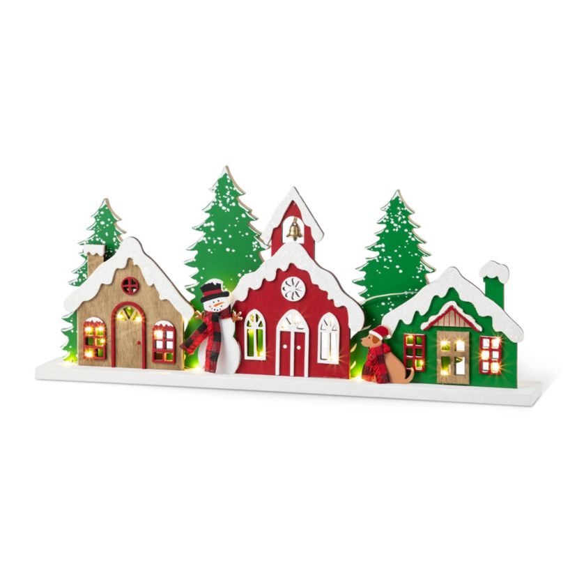 20"L Lighted Wooden Christmas Villages Table Decor