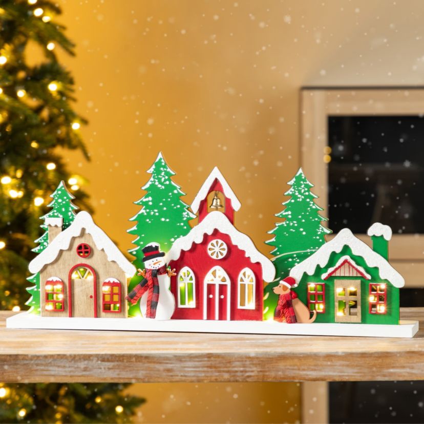 20"L Lighted Wooden Christmas Villages Table Decor