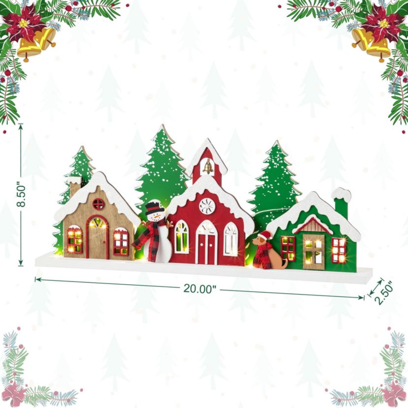 20"L Lighted Wooden Christmas Villages Table Decor