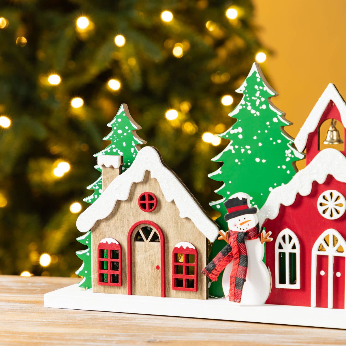 20"L Lighted Wooden Christmas Villages Table Decor