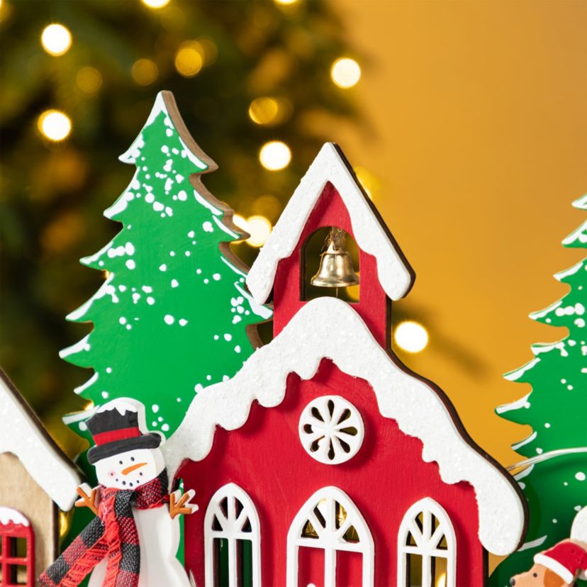 20"L Lighted Wooden Christmas Villages Table Decor