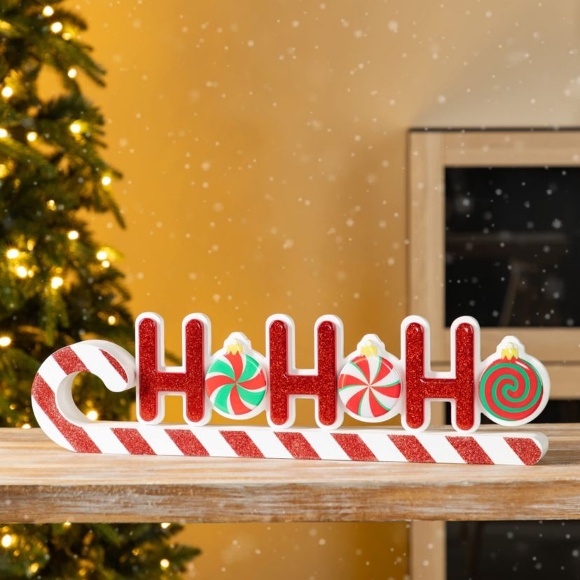 19"L Christmas Wooden Epoxy HOHOHO Candy Cane Table Decor