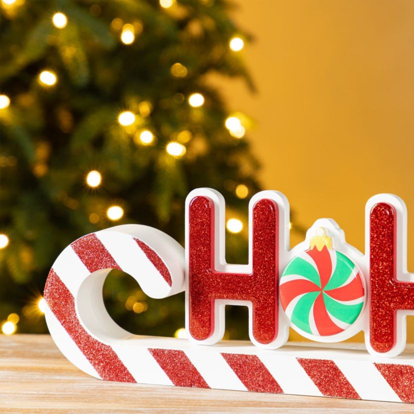 19"L Christmas Wooden Epoxy HOHOHO Candy Cane Table Decor