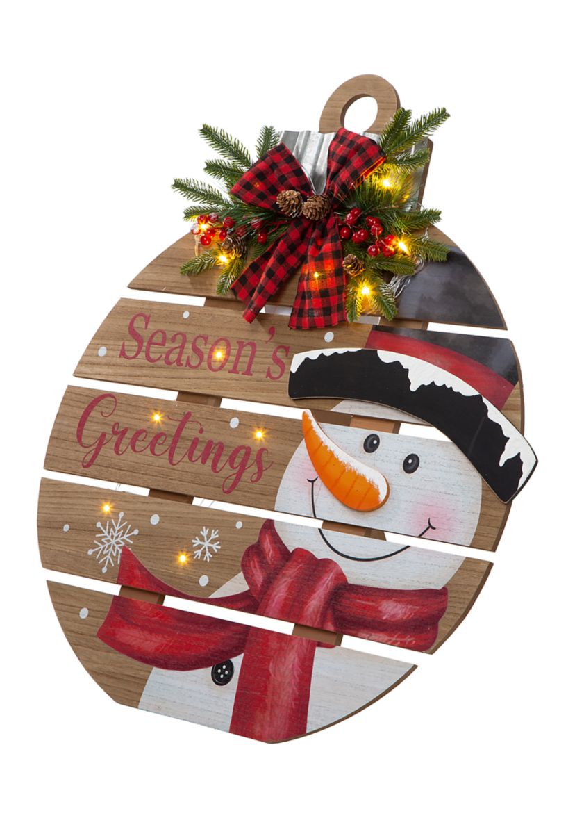 Lighted Round Wooden Snowman Porch Décor