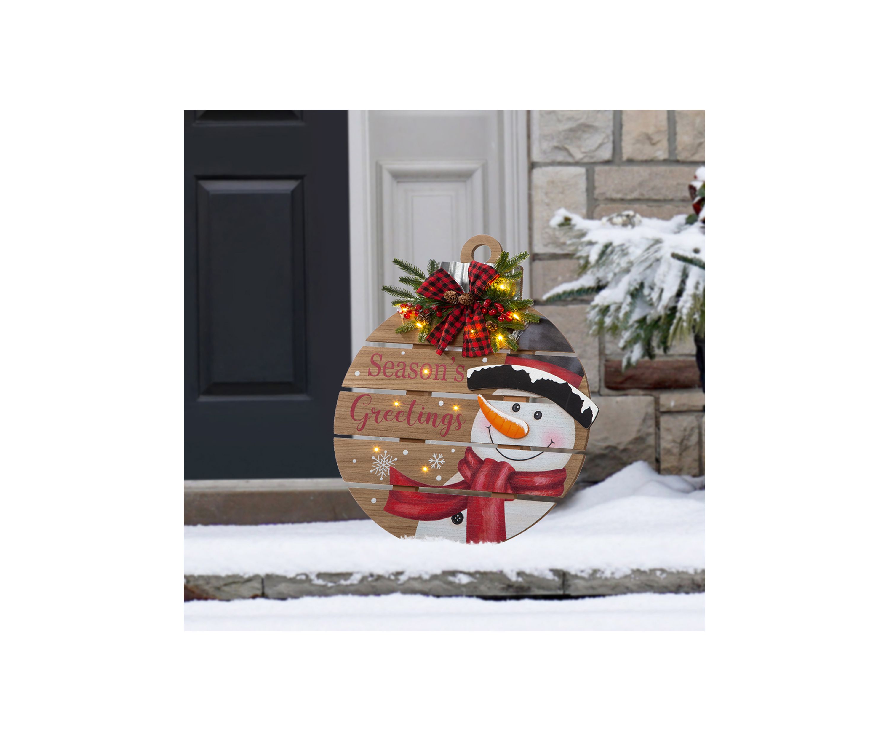 Lighted Round Wooden Snowman Porch Décor