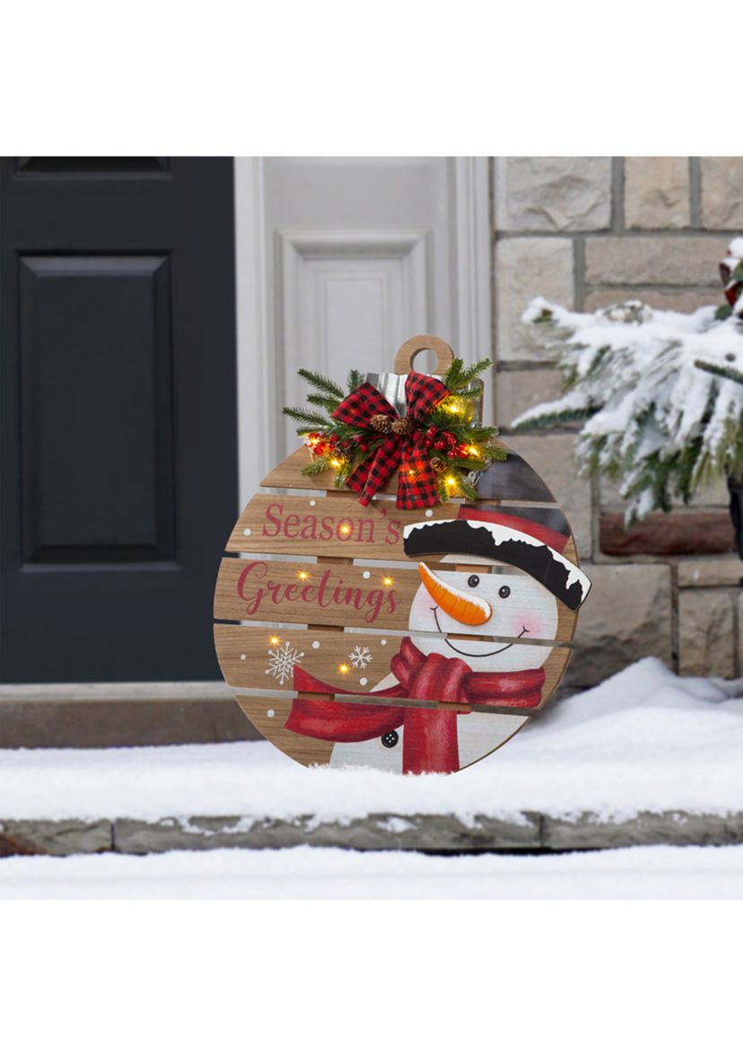 Lighted Round Wooden Snowman Porch Décor