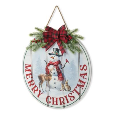 Glitzhome 15"D Wooden Christmas Round Word Sign Door Hanger, White