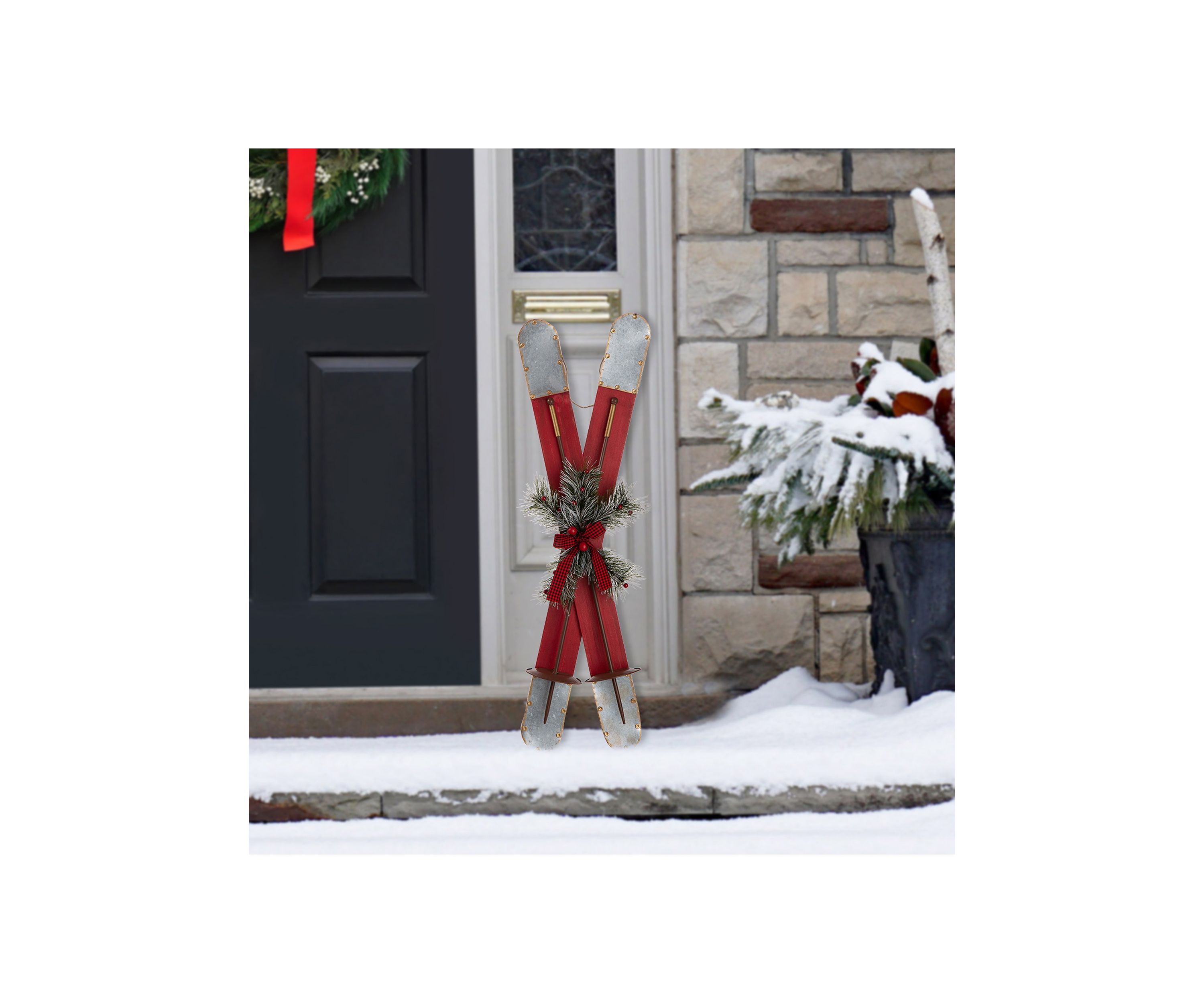 Red Wooden/Galvanized Ski Porch Décor