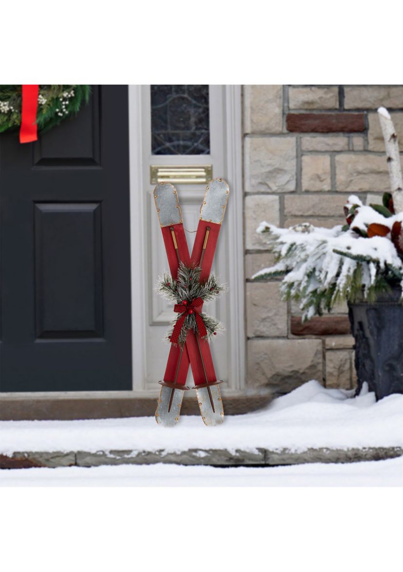 Red Wooden/Galvanized Ski Porch Décor