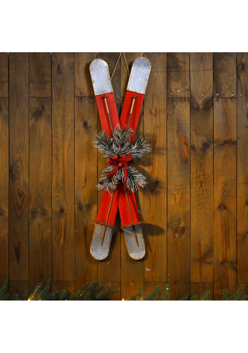 Red Wooden/Galvanized Ski Porch Décor