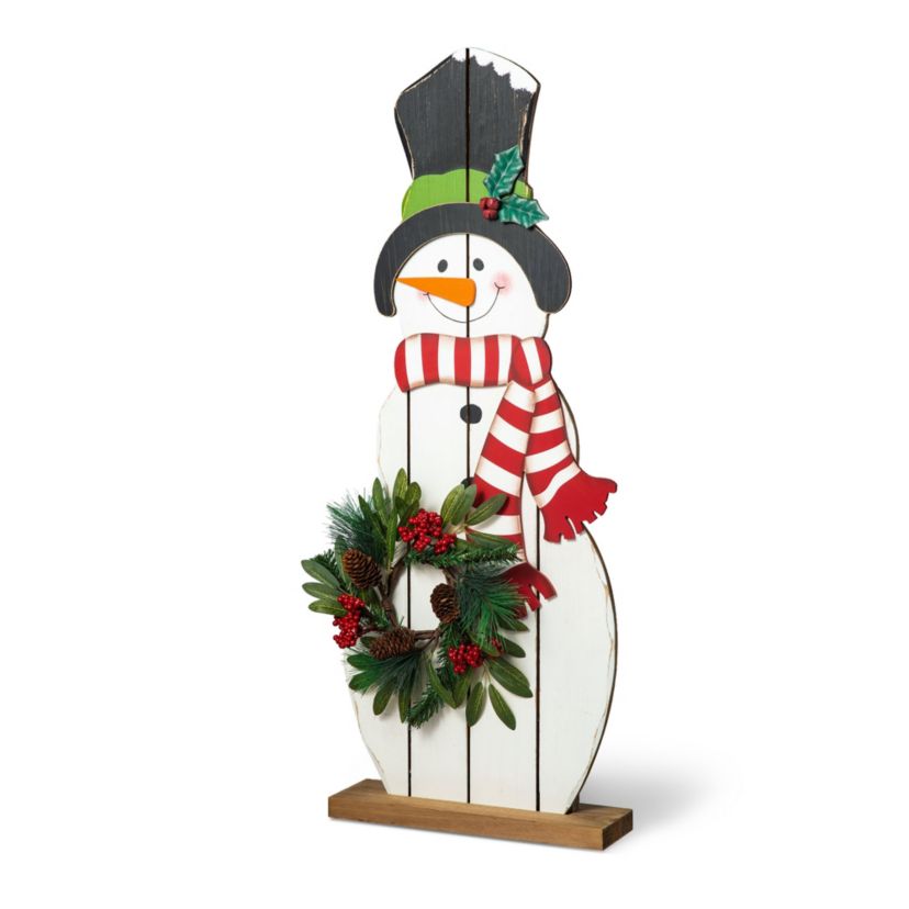36"H Christmas Wooden/Metal Snowman Porch Decor with Floral Wreath(KD)