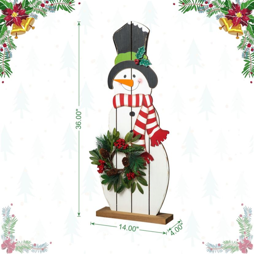 36"H Christmas Wooden/Metal Snowman Porch Decor with Floral Wreath(KD)