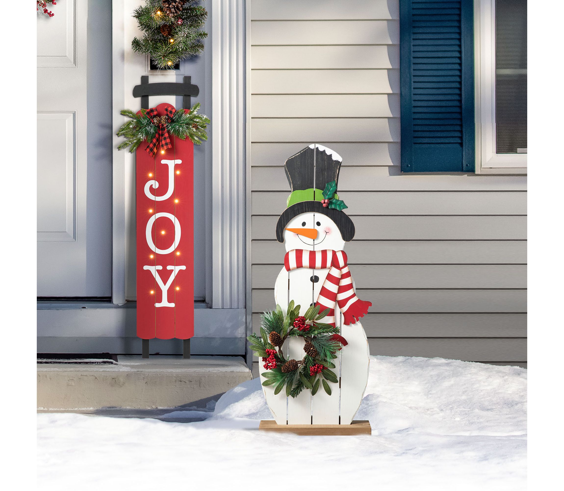 36"H Christmas Wooden/Metal Snowman Porch Decor with Floral Wreath(KD)