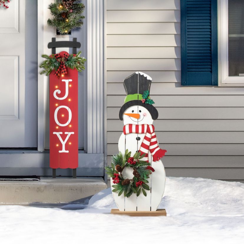 36"H Christmas Wooden/Metal Snowman Porch Decor with Floral Wreath(KD)