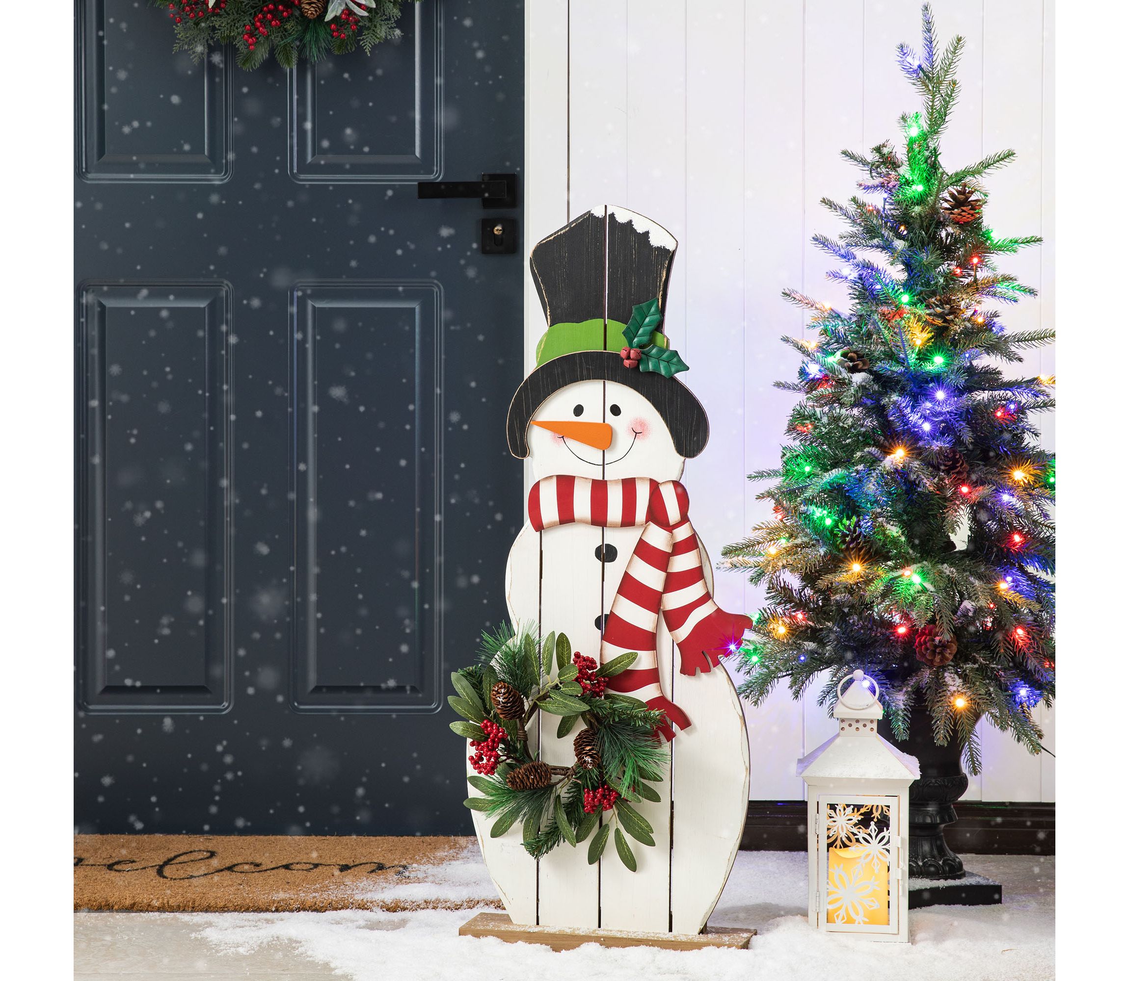 36"H Christmas Wooden/Metal Snowman Porch Decor with Floral Wreath(KD)