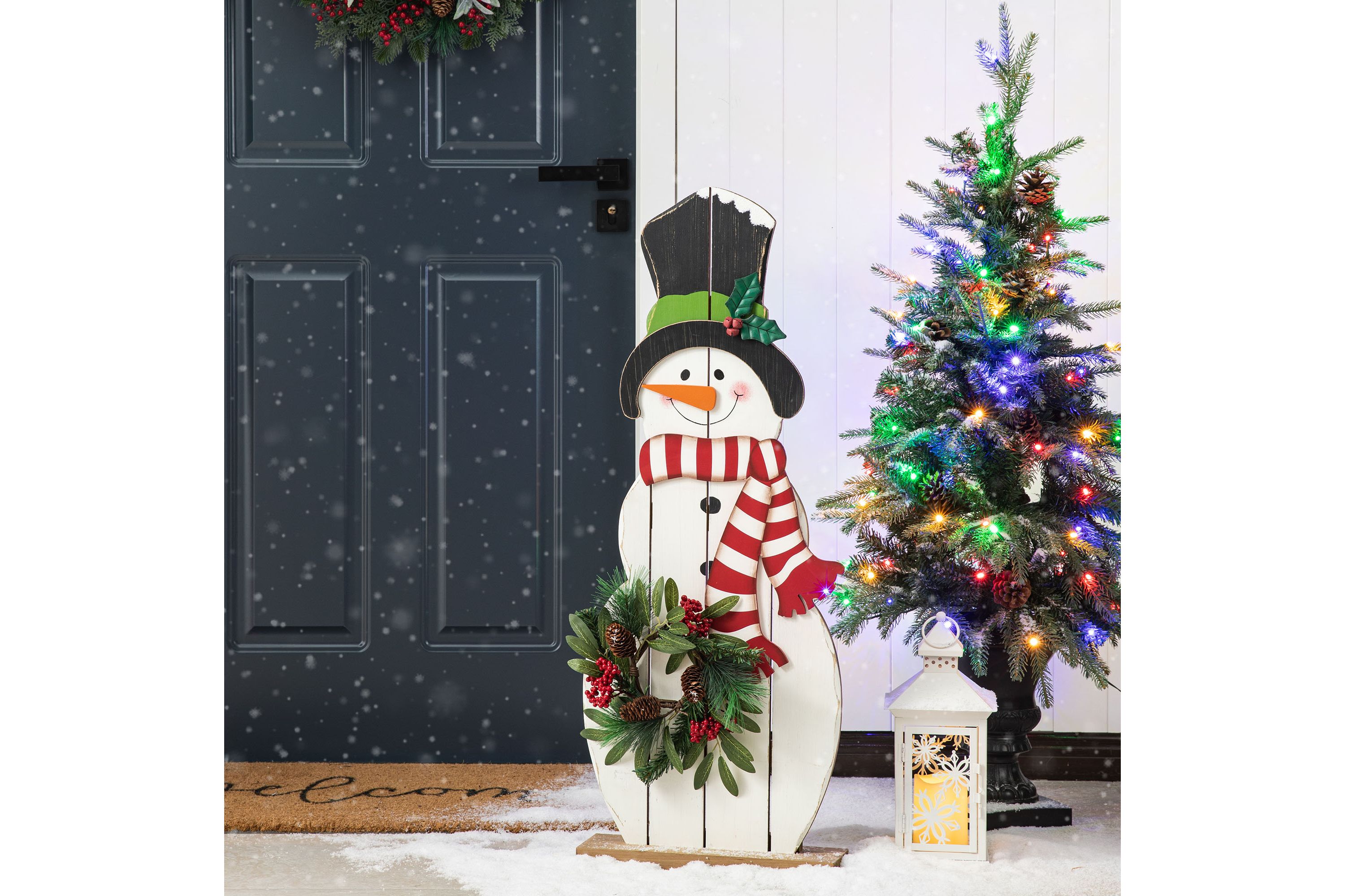 36"H Christmas Wooden/Metal Snowman Porch Decor with Floral Wreath(KD)