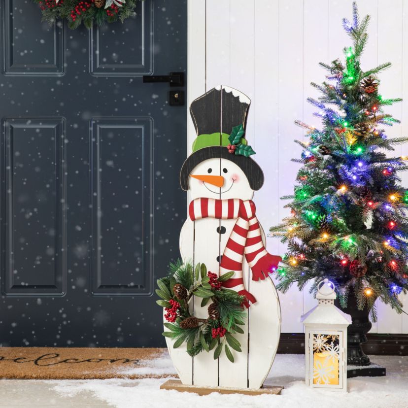 36"H Christmas Wooden/Metal Snowman Porch Decor with Floral Wreath(KD)