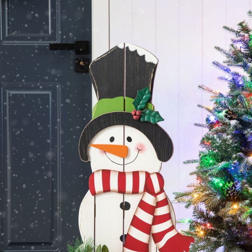 36"H Christmas Wooden/Metal Snowman Porch Decor with Floral Wreath(KD)