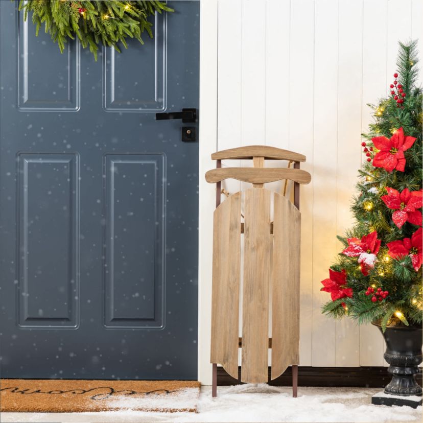 34.25"H Wooden Natural Christmas Sleigh Porch Decor