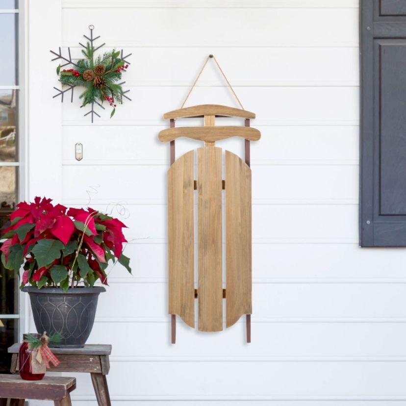 34.25"H Wooden Natural Christmas Sleigh Porch Decor