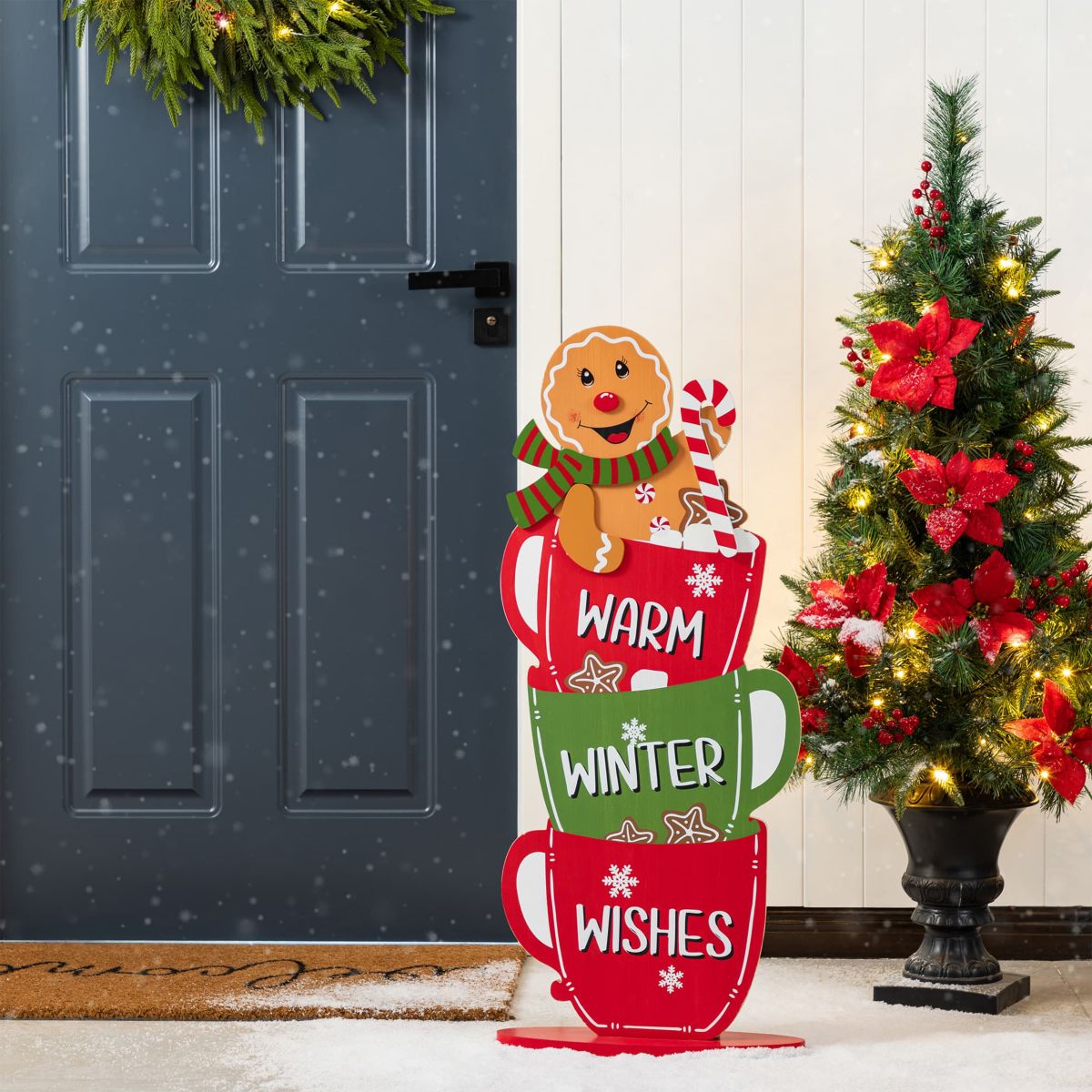34.50"H Wooden Christmas Gingerbread Man on Coffee Cup Porch Decor (KD)