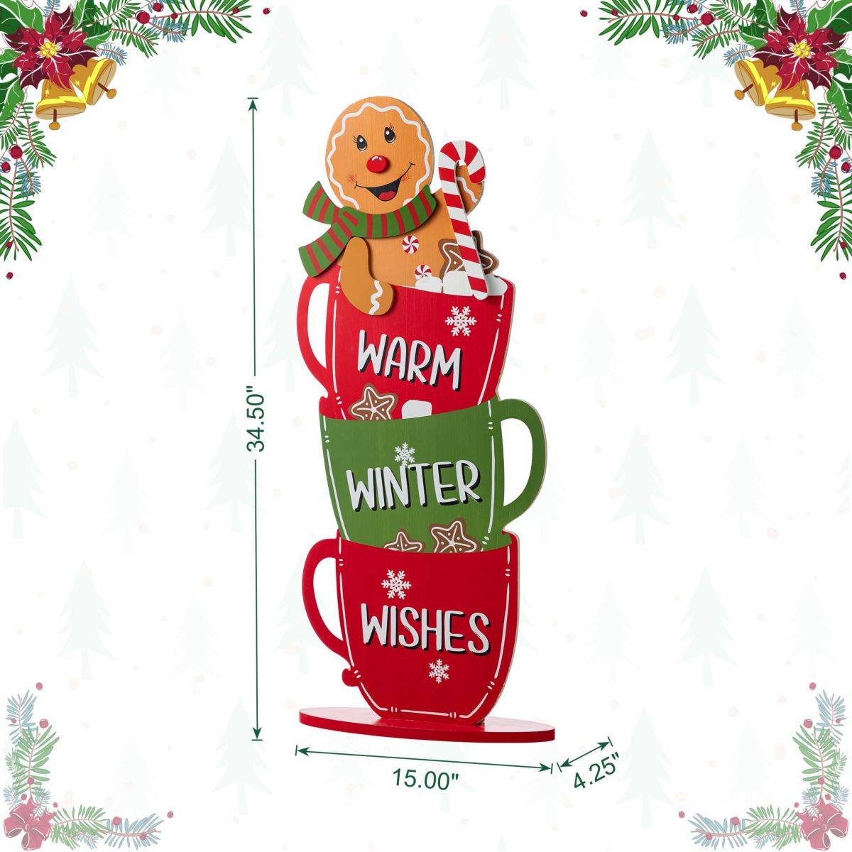34.50"H Wooden Christmas Gingerbread Man on Coffee Cup Porch Decor (KD)
