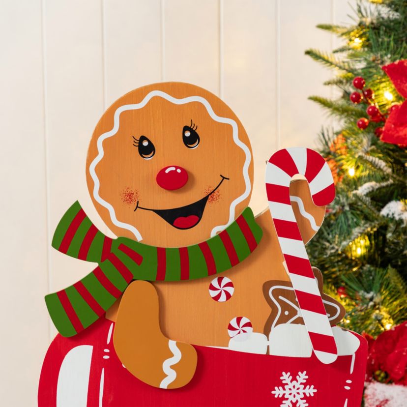 34.50"H Wooden Christmas Gingerbread Man on Coffee Cup Porch Decor (KD)