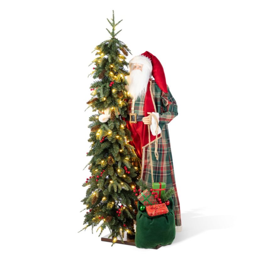 4ft Oversized Christmas Woodland Santa with 5ft Lighted Green Artificial Christmas Tree