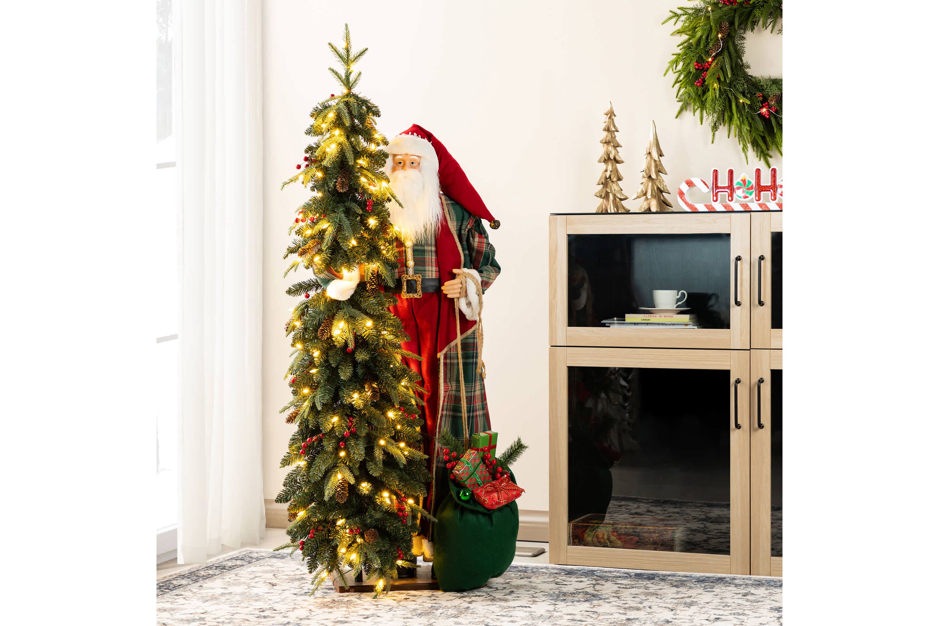 4ft Oversized Christmas Woodland Santa with 5ft Lighted Green Artificial Christmas Tree